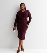 New Look Curves Dark Purple V Neck Long Sleeve Midi Wrap Dress